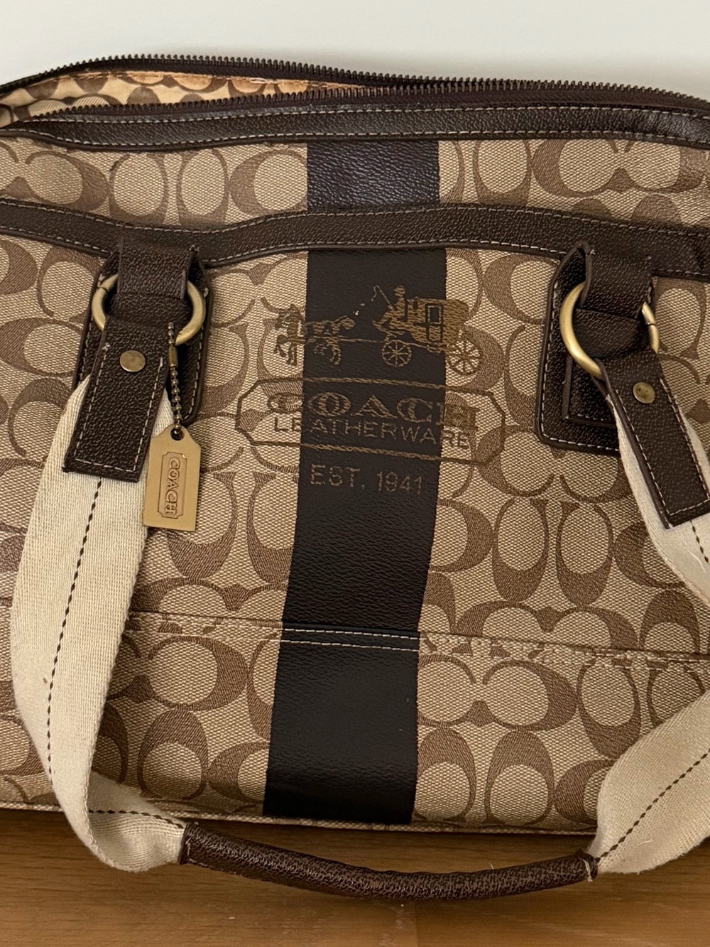 Coach Tan and Dark Brown Signature Stripe Canvas Handbag